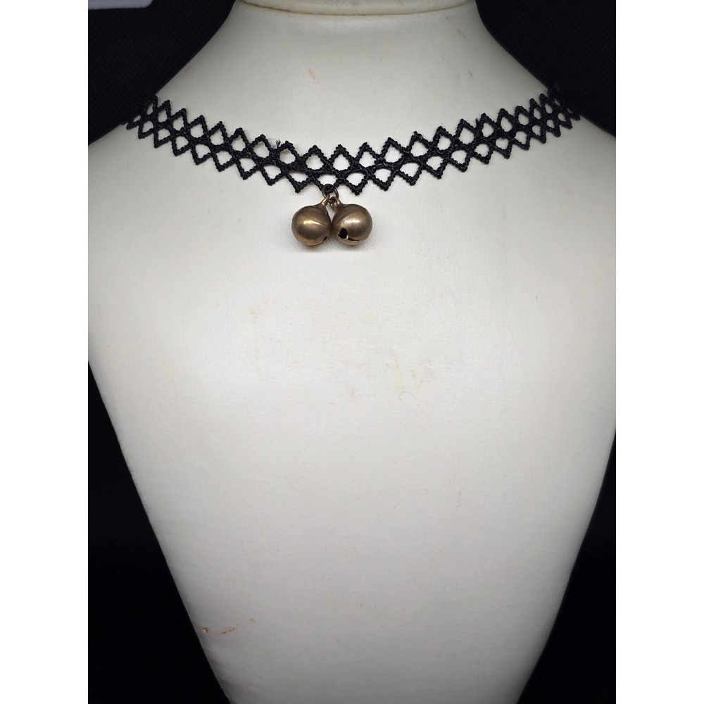 Black Crochet Lace Choker Necklace w/ Double Bronze Bell Charms Gothic Goth 90s
